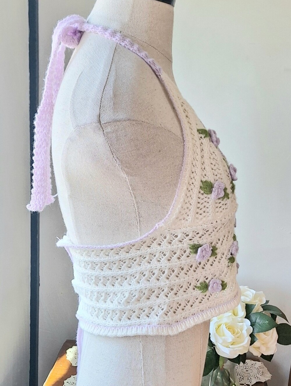 Kawaii Crochet Halter Crop Top with Lavender 3D Flowers, L(8-10) - Picture 7 of 13